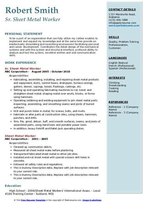 sheet metal worker resume example|resume examples sheet metal worker.